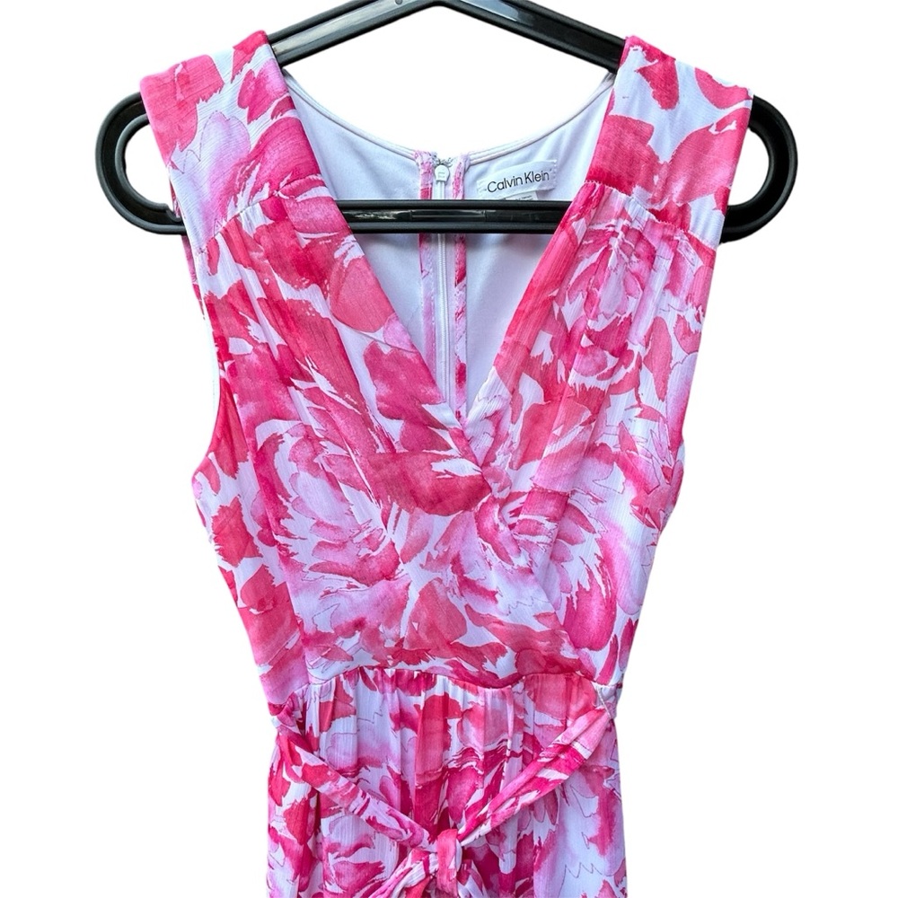 Calvin Klein Pink Floral Tiered Maxi Ruffle Dress w/belt Size 12 - Picture 4 of 10